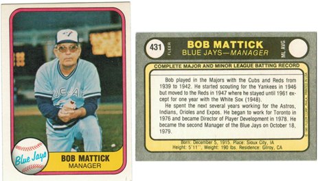 Toronto Blue Jays - Bob Mattick - Manager