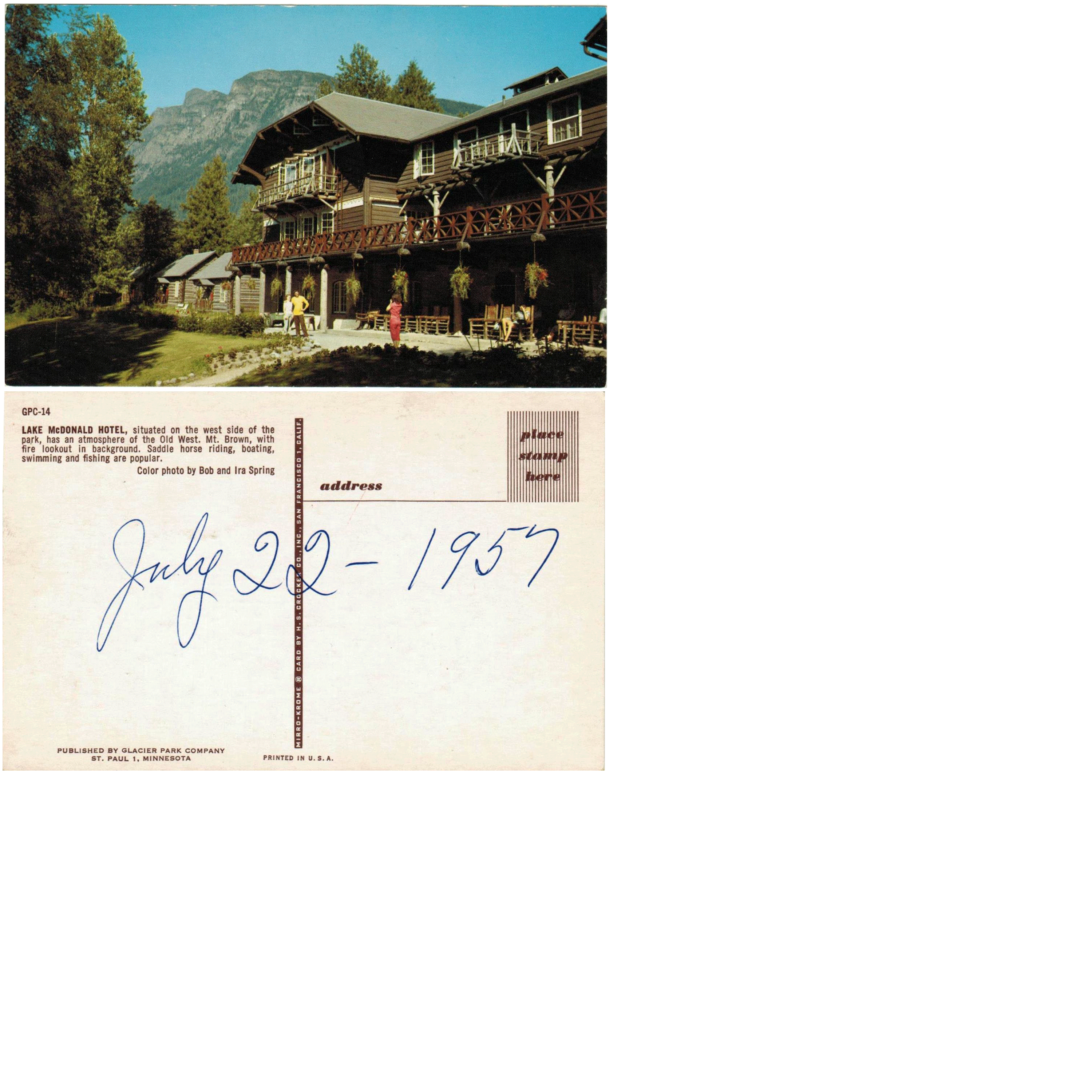 Postcard - Lake McDonald Hotel - Glacier National Park, Montana