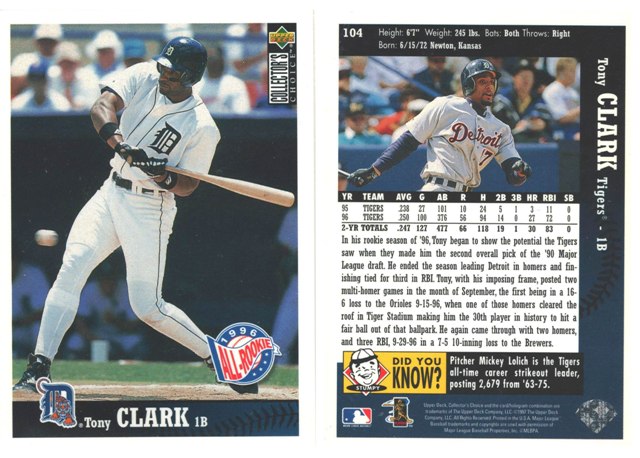 Detroit Tigers - Tony Clark - Rookie Card