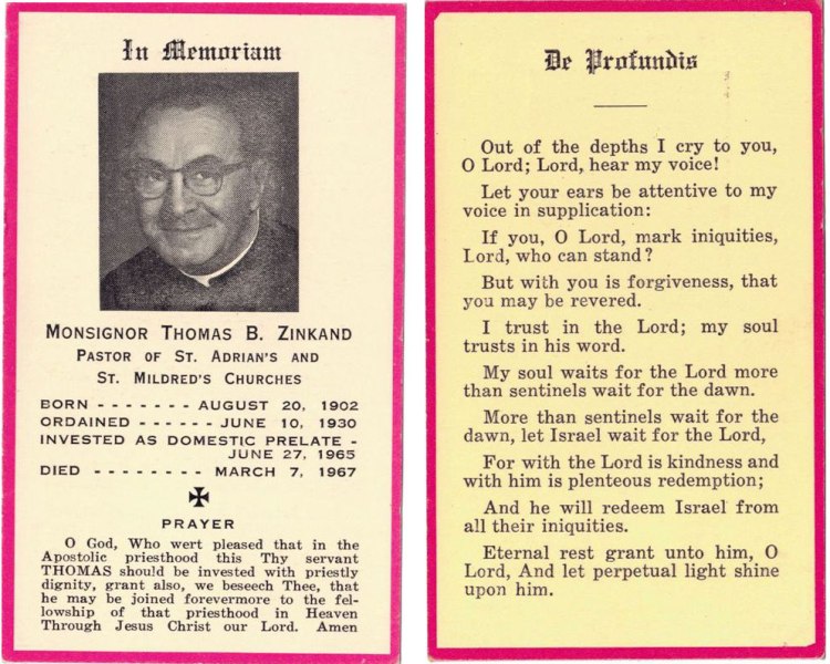 Monsignor Thomas Zinkand Bereavement Card