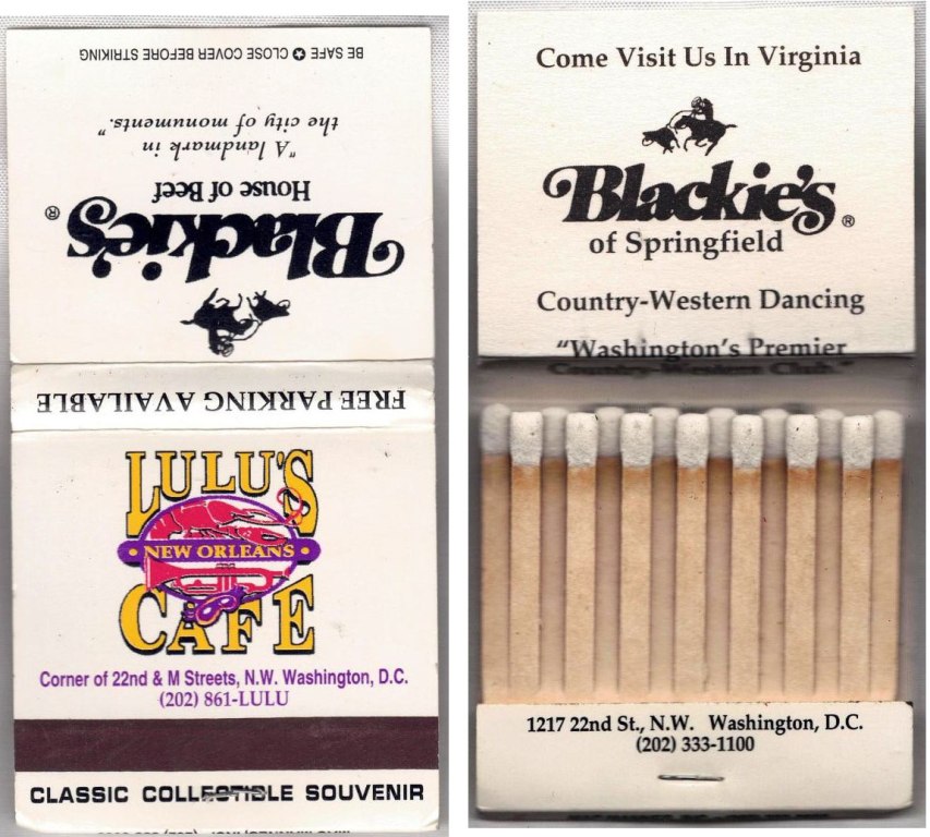 Matchbook - Lulu’s Café - Blackie’s Restaurant (Washington DC)