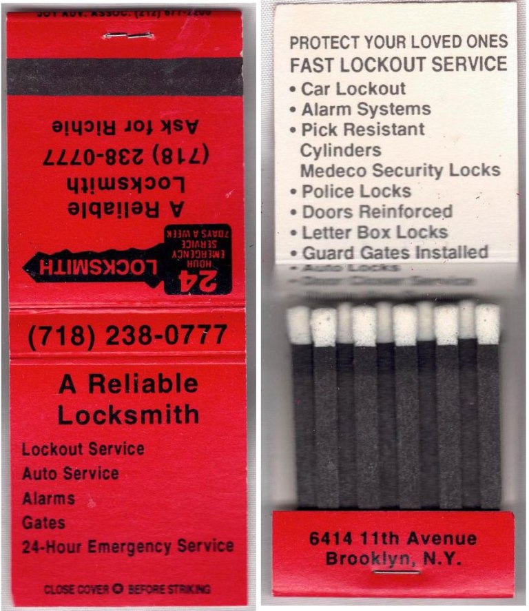 Matchbook - A Reliable Locksmith (Brooklyn, NY)